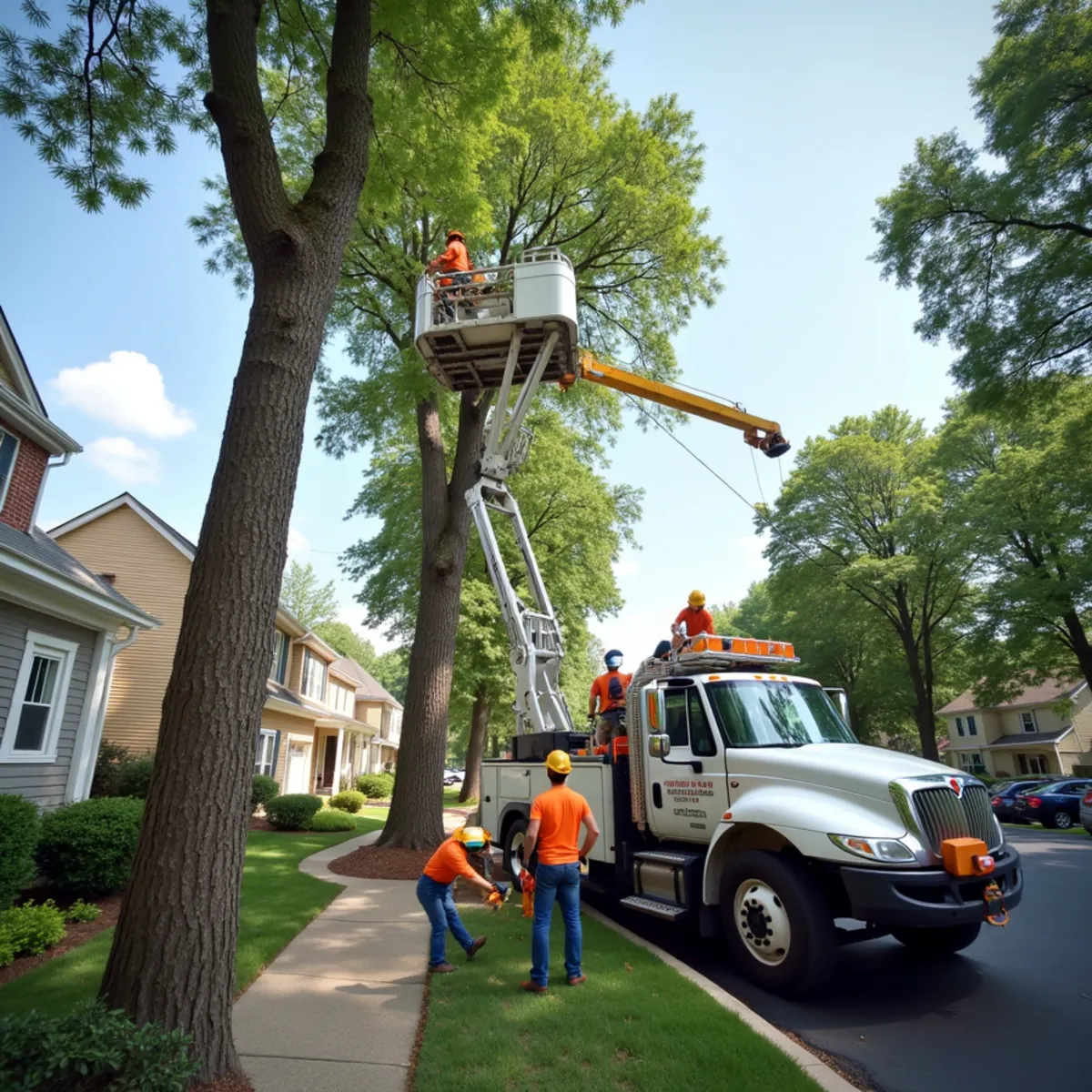 Tree crew managing trees over a commercial parking lot in New Jersey