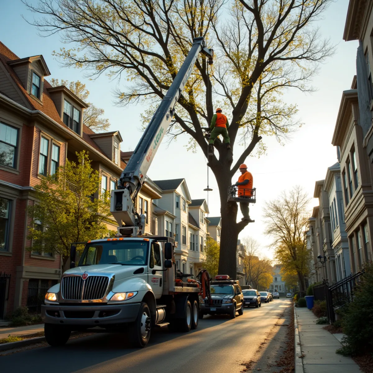 Crane lifting a tree section over a rowhome on a narrow Trenton NJ street