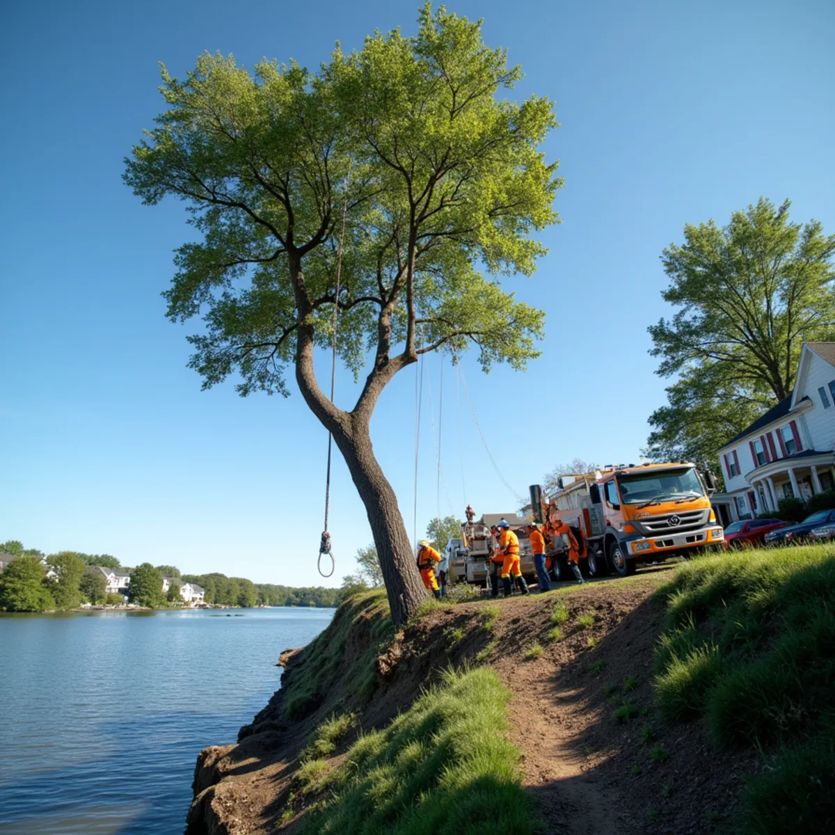 Leaning hardwood tree on an eroding Delaware River bluff in New Jersey