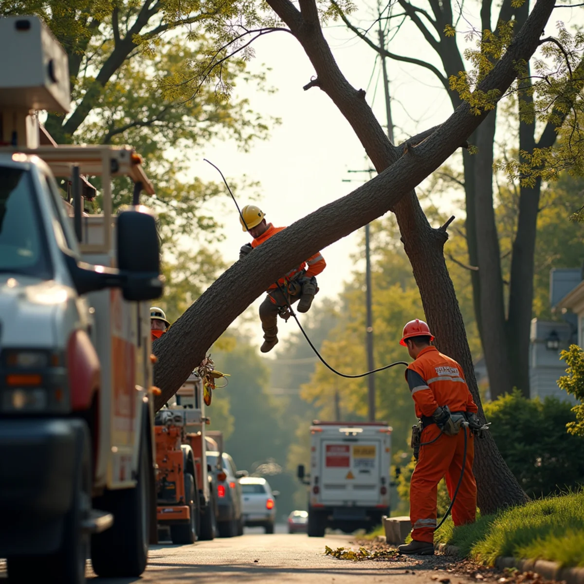 Tree limb entangled with a downed power line on a Mercer County NJ street