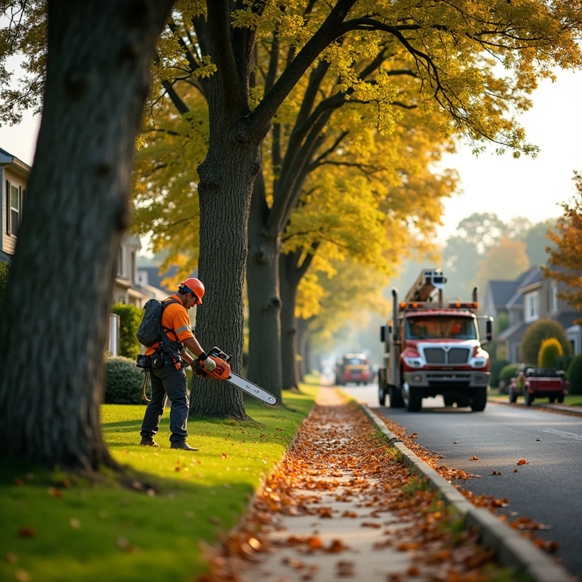 Mature trees along a shared buffer zone in a New Jersey HOA community