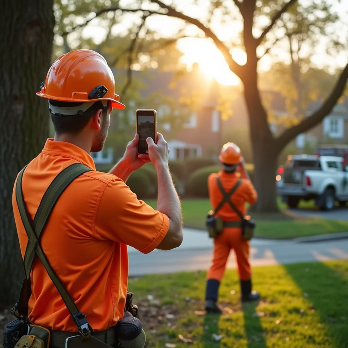 Homeowner photographing storm tree damage for an insurance claim in New Jersey