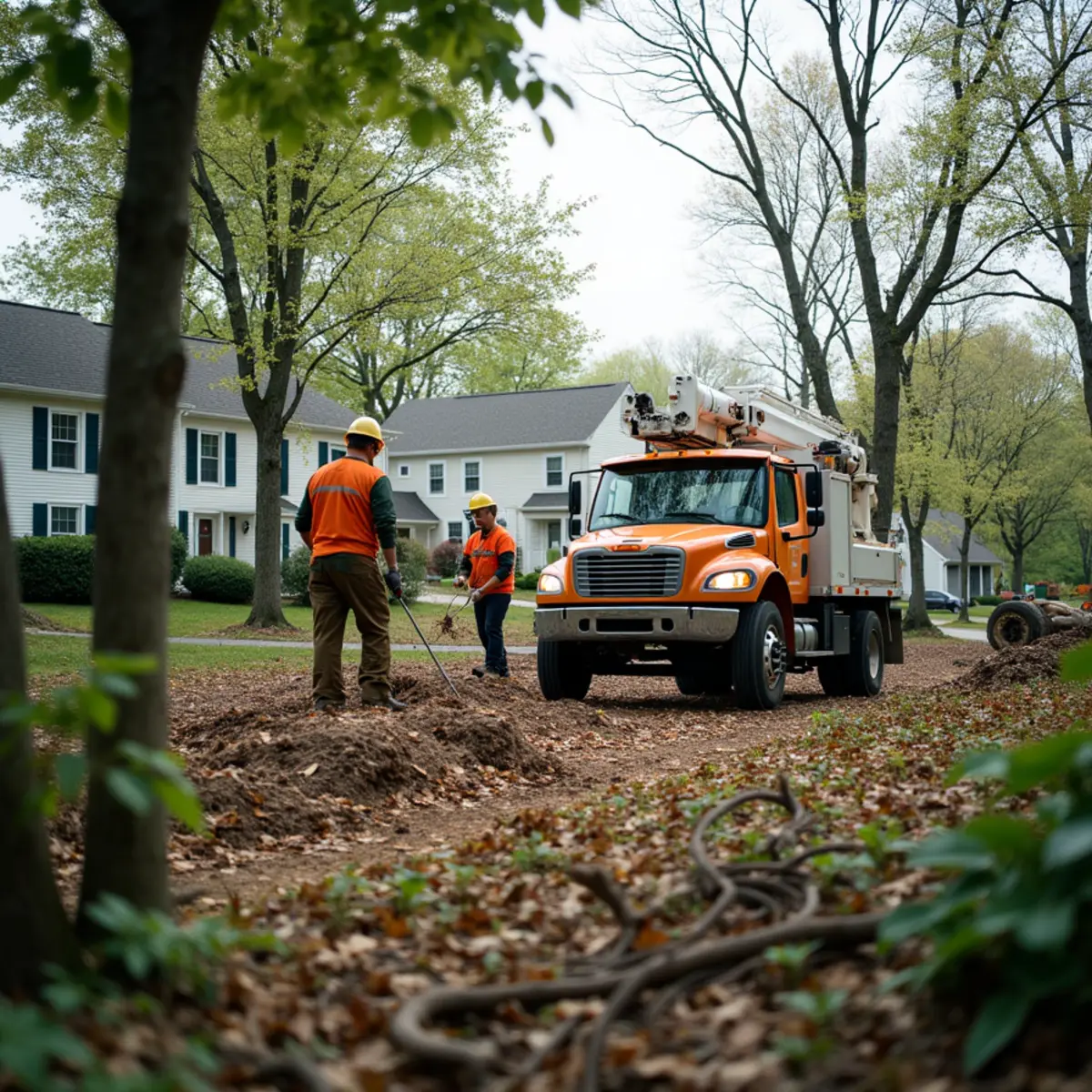 Equipment clearing trees and brush on a development lot in New Jersey