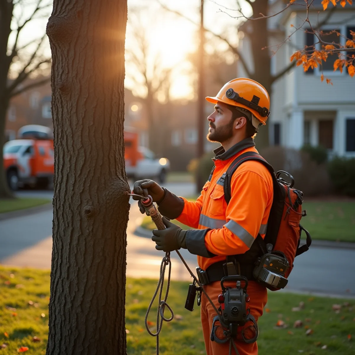 Homeowner inspecting trees before winter at a New Jersey property