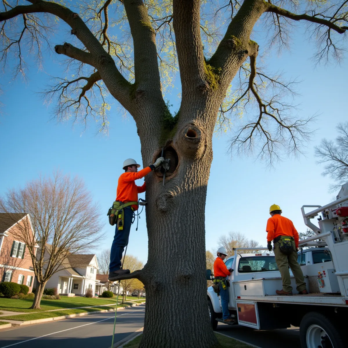 Ash tree with bark blonding and D-shaped exit holes from emerald ash borer in NJ