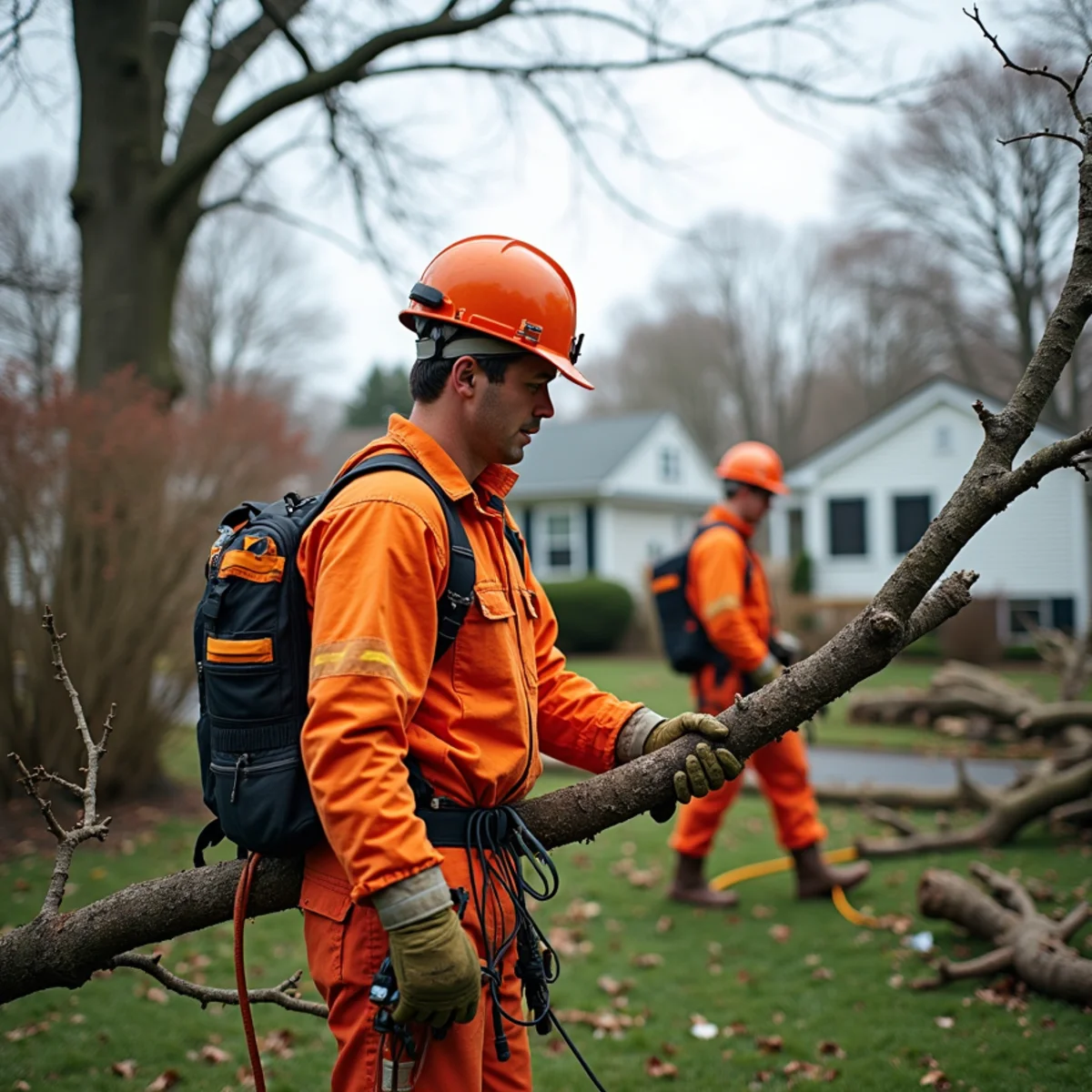 Crew clearing winter storm debris and cracked limbs in a New Jersey yard in spring