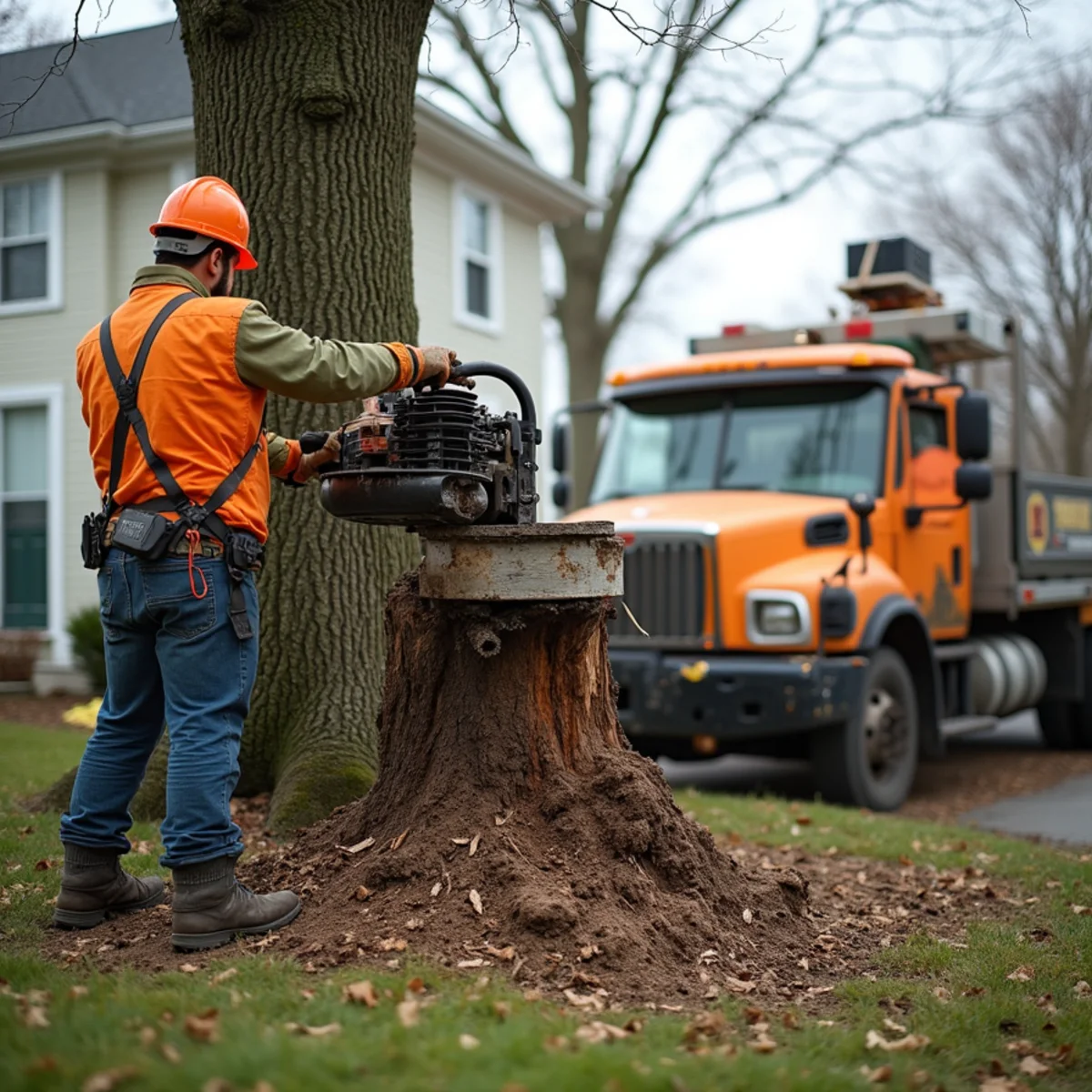 Stump grinder reducing a stump below grade in a New Jersey back yard