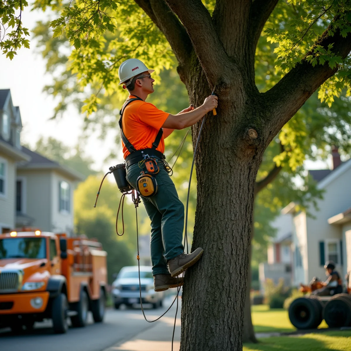 Support cable installed high in a large shade tree in New Jersey