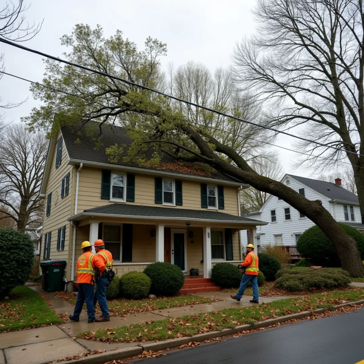 Large tree fallen across the roof of a New Jersey home after a nor’easter
