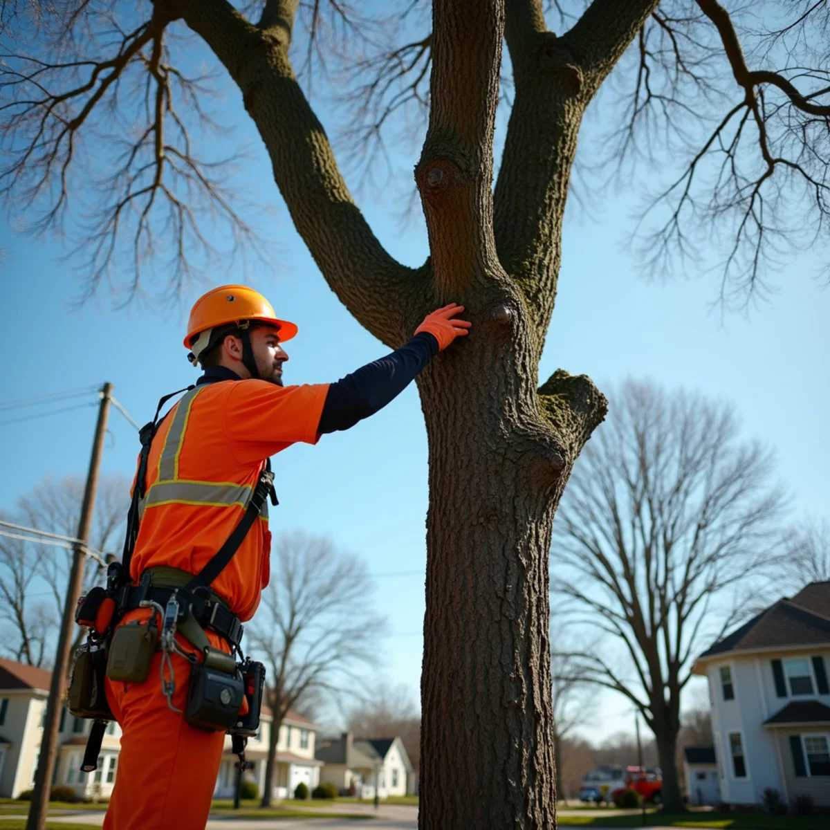 Arborist inspecting a mature tree during a scheduled maintenance visit in NJ