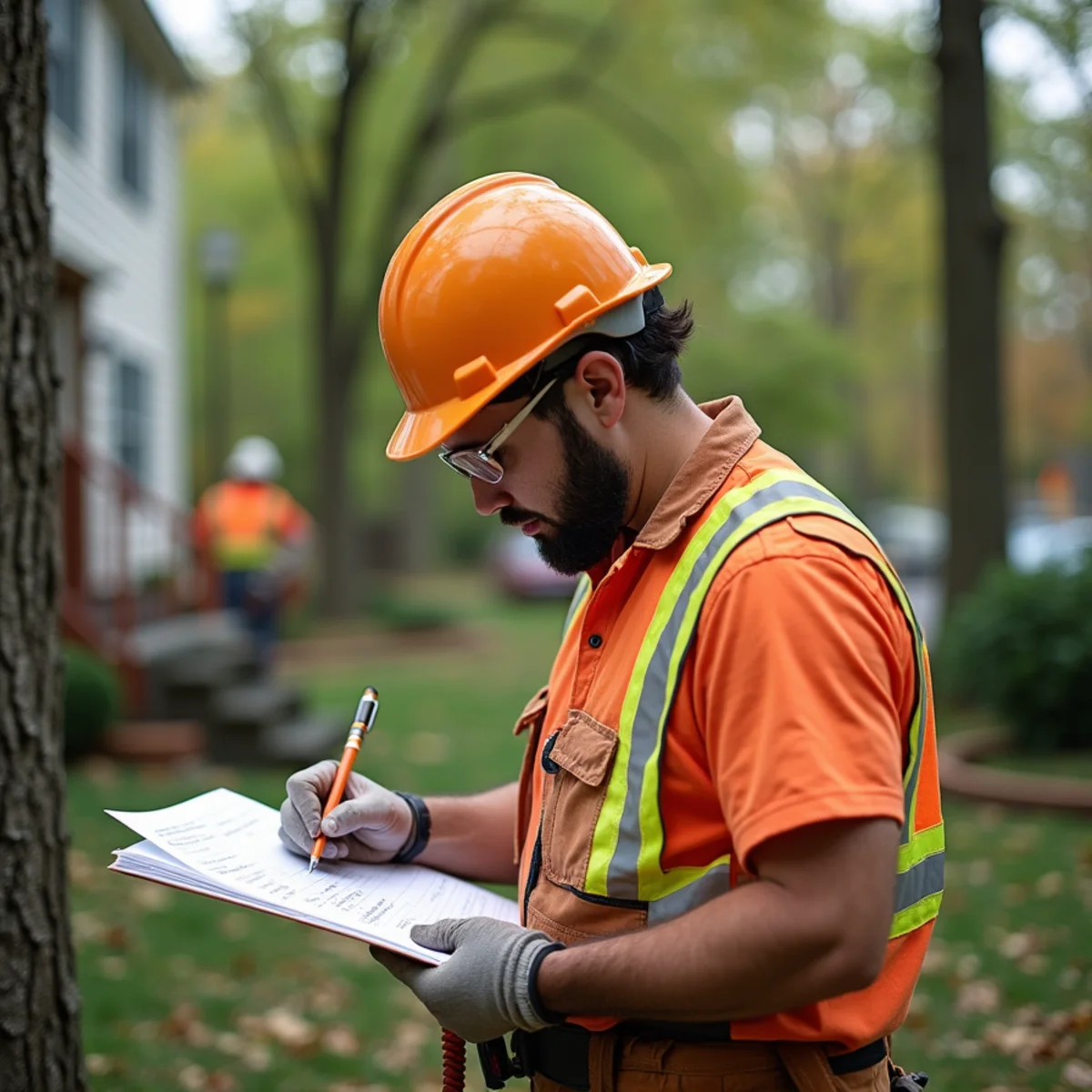 Arborist writing a tree removal estimate at a central New Jersey property