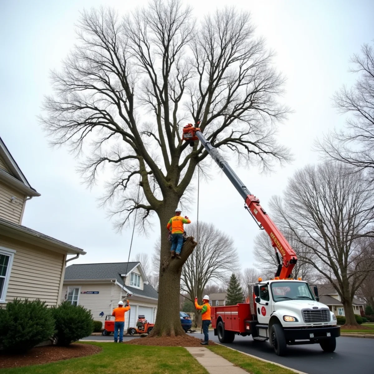Dead ash tree with bark loss from emerald ash borer being removed in Trenton NJ