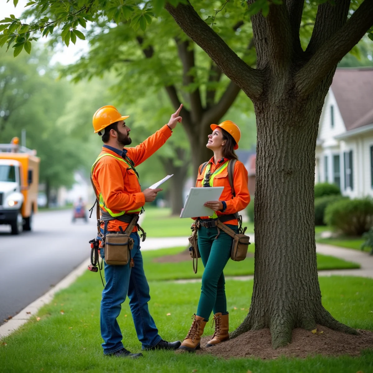 Arborist inspecting a residential shade tree during a maintenance visit in Trenton NJ