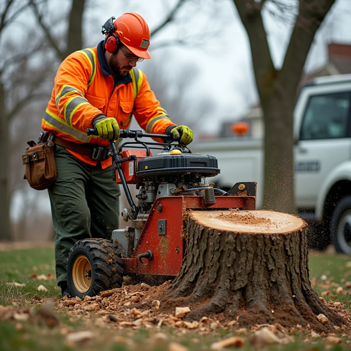 Stump grinder reducing a hardwood stump below grade in a Trenton NJ yard